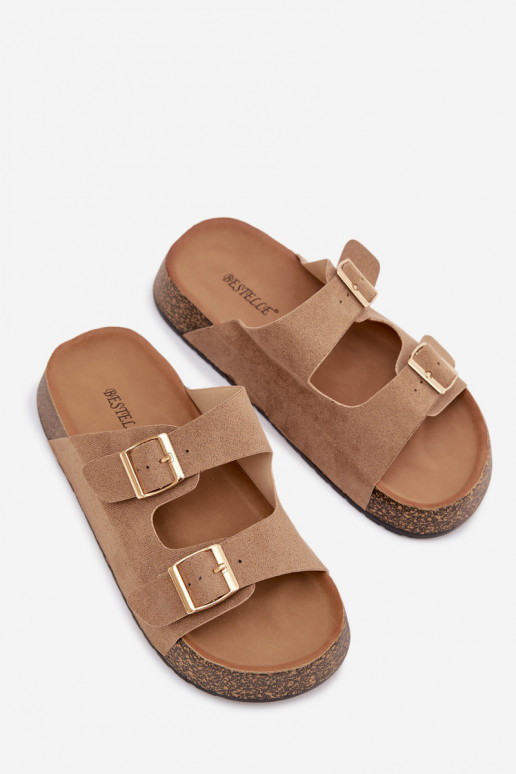 Pantofole da donna con una piattaforma Ze colore doratomi con fibbiemi beige Tovessa