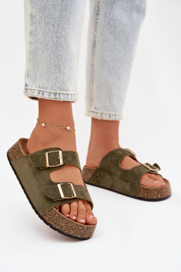 Ciabatte da donna con plateau e fibbie color oro "Tovessa" color verde