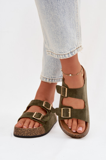 Pantofole da donna con una piattaforma Ze colore doratomi con fibbiemi colore verde Tovessa 2