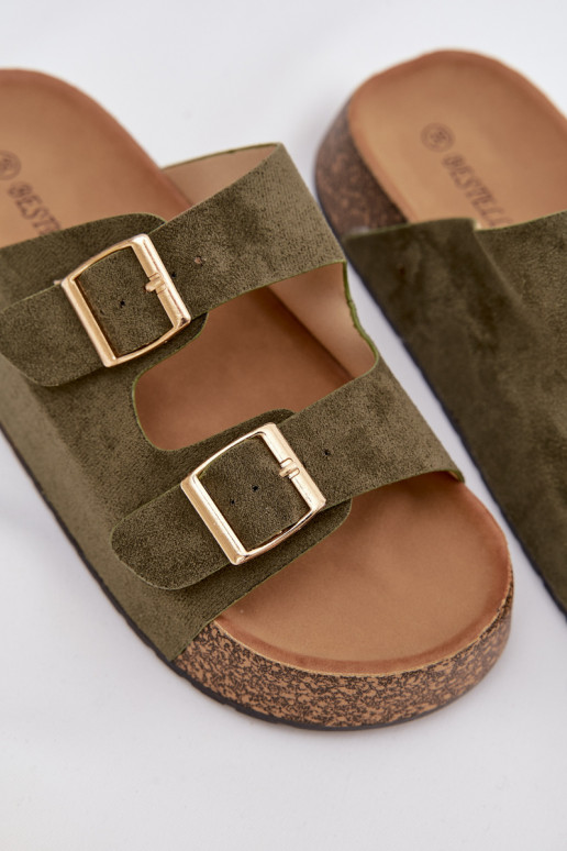 Pantofole da donna con una piattaforma Ze colore doratomi con fibbiemi colore verde Tovessa