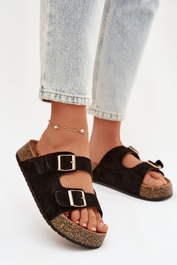 Ciabatte da donna con plateau e fibbie color oro "Tovessa" color nero