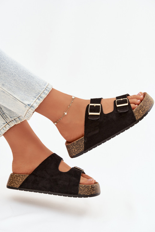 Pantofole da donna con una piattaforma Ze colore doratomi con fibbiemi colore nero Tovessa