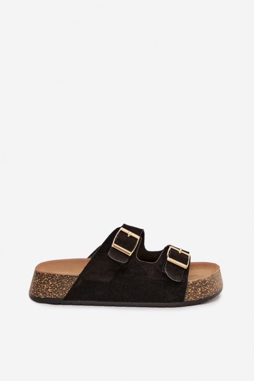 Pantofole da donna con una piattaforma Ze colore doratomi con fibbiemi colore nero Tovessa