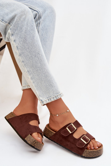 Pantofole da donna con una piattaforma Ze colore doratomi con fibbiemi colore marrone Tovessa