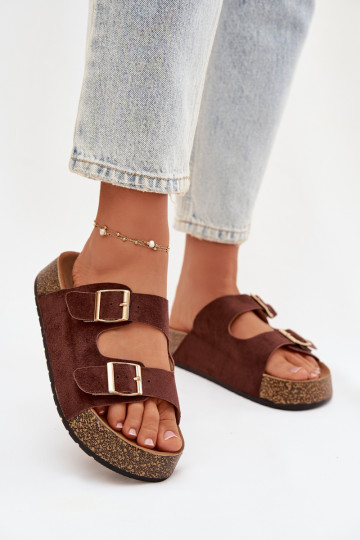Pantofole da donna con una piattaforma Ze colore doratomi con fibbiemi colore marrone Tovessa 2