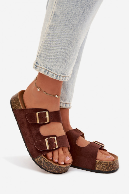 Pantofole da donna con una piattaforma Ze colore doratomi con fibbiemi colore marrone Tovessa