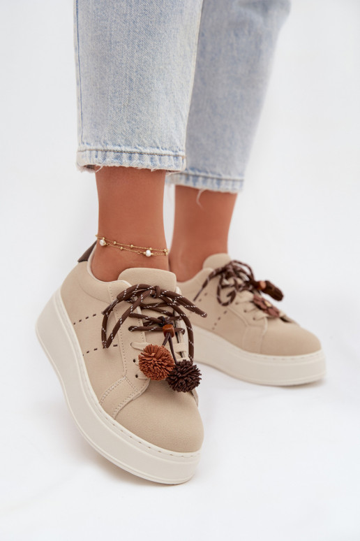 Scarpe modello sneakers Femminile con una piattaforma Con decorazionii Pomponami beige Corinna