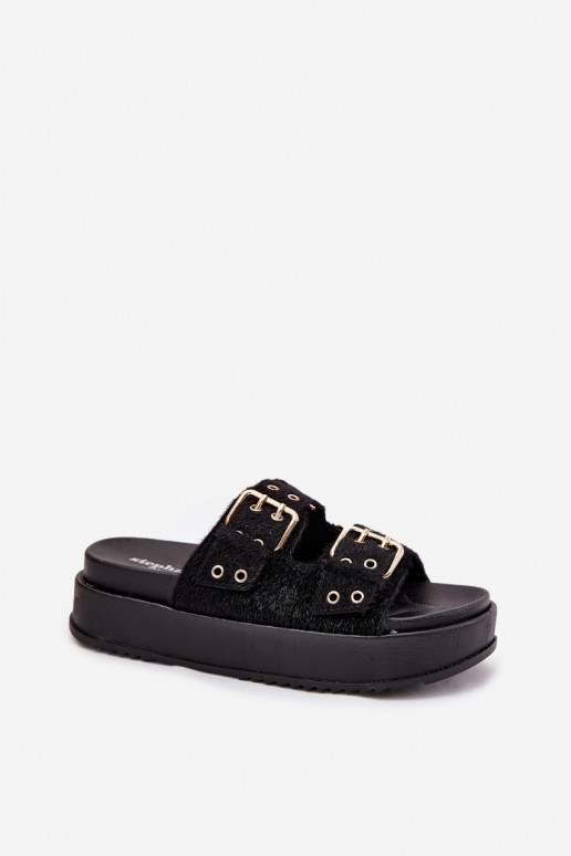 Pantofole da donna Ze colore doratomi con fibbiemi con una piattaforma colore nero Virvania