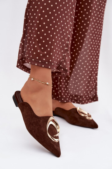 Pantofole da donna "Mule" color cioccolato con dettagli in oro Galvella