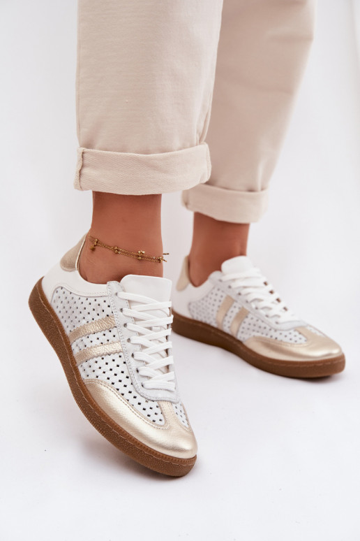 Pelle con elementi traforati Scarpe modello sneakers Femminile Zazoo N1318 grigio-colore dorato