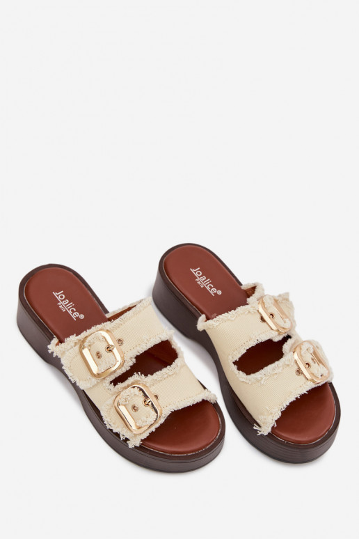 Infradito da donna con piattaforma color oro con fibbie color avorio