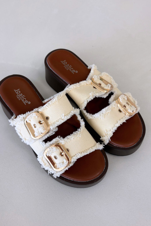 Infradito da donna con piattaforma color oro con fibbie color avorio