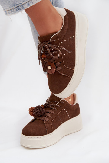 Sneaker platform per donne color cioccolato Corinna con pompon decorativi
