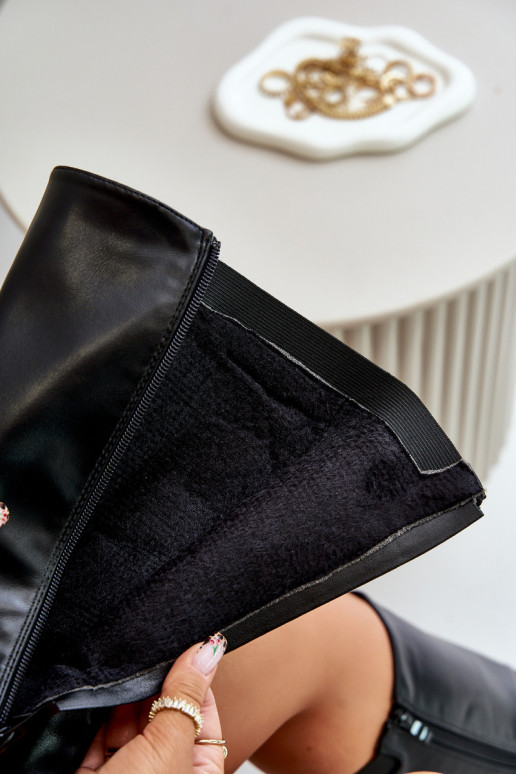 Femminile riscaldamento stivali con tacchi larghi con fibbie dorate colore nero Arsisna