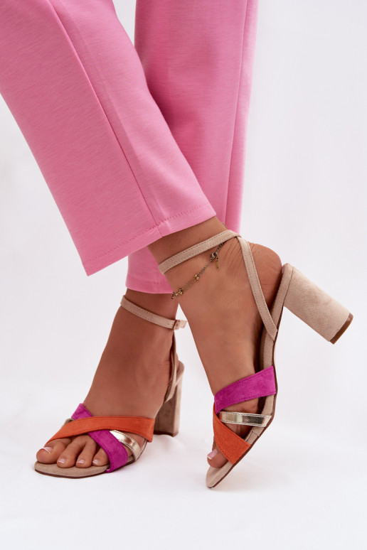 Sandali con tacco alto da donna con strisce in ecopelle scamosciataoAe beige Karilora