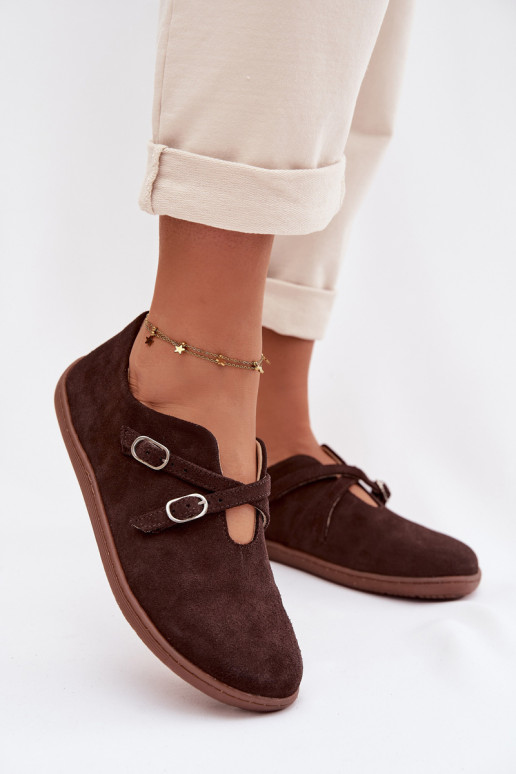 Pelle dalla pelle scamosciata scarpe Barefoot Femminile con strisce Zazoo N1271 CzekoladoAe