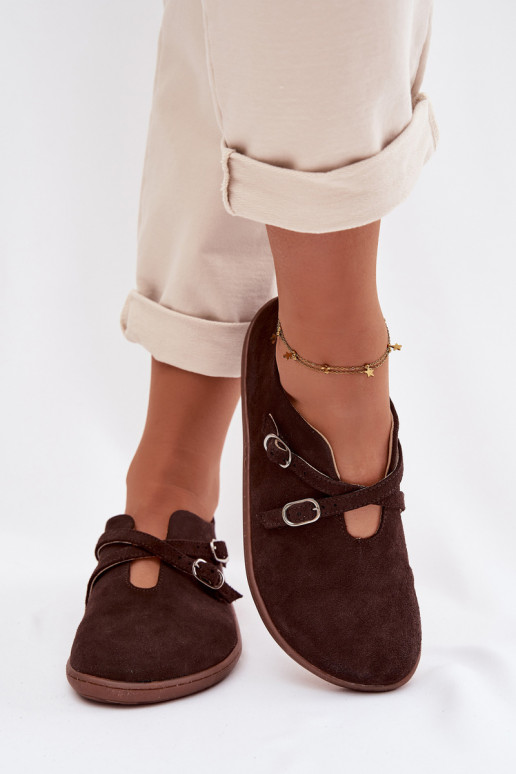 Pelle dalla pelle scamosciata scarpe Barefoot Femminile con strisce Zazoo N1271 CzekoladoAe