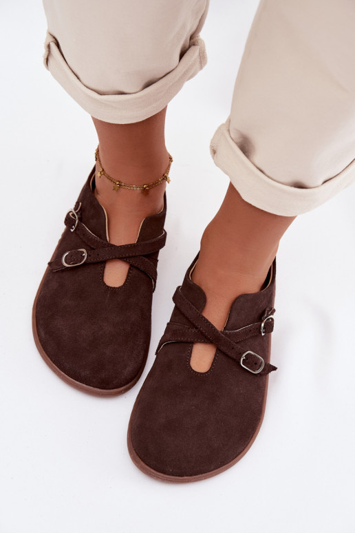 Pelle dalla pelle scamosciata scarpe Barefoot Femminile con strisce Zazoo N1271 CzekoladoAe