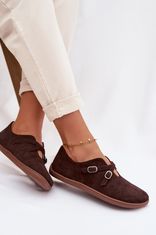 Pelle dalla pelle scamosciata scarpe Barefoot Femminile con strisce Zazoo N1271 CzekoladoAe