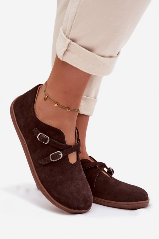 Pelle dalla pelle scamosciata scarpe Barefoot Femminile con strisce Zazoo N1271 CzekoladoAe