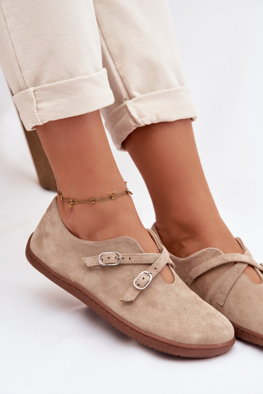 Pelle dalla pelle scamosciata scarpe Barefoot Femminile con strisce Zazoo N1271 beige