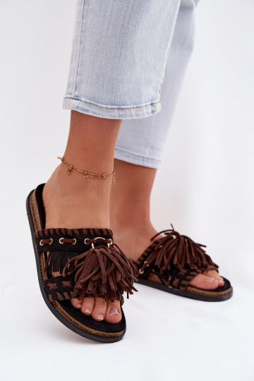 Pantofole da donna con frange, color nero, Glorinna
