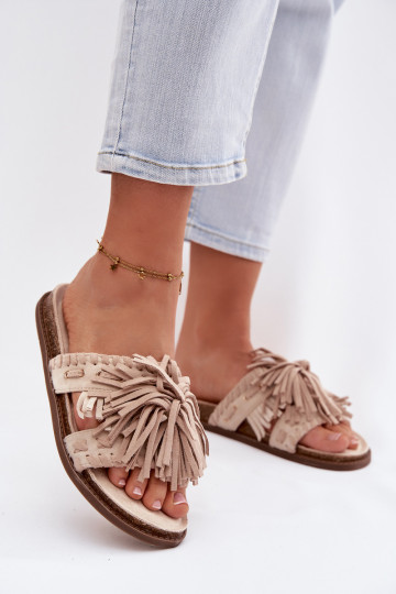 Pantofole da donna con frange, color sabbia, Glorinna