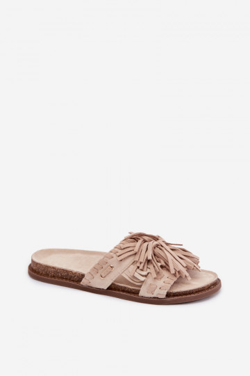 Pantofole da donna con frange, color sabbia, Glorinna 2