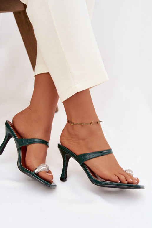 Pantofole da donna con tacchi sottili Con decorazioni Detalem ButelkoAa Zieleń Lorissa