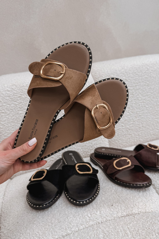 Pantofole da donna con tacchi larghi con fibbie dorate colore marrone Selivelle