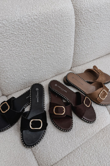 Pantofole da donna con tacchi larghi con fibbie dorate colore marrone Selivelle 2