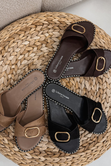 Pantofole da donna con tacchi larghi con fibbie dorate CzekoladoAe Selivelle 2