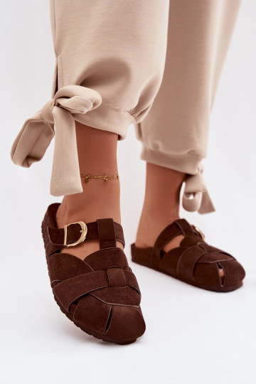 Pantofole da donna Mule con fasce e fibbie dorate color cioccolato Ganelle