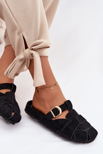 Pantofole da donna Mule con fasce e fibbie dorate color nero Ganelle