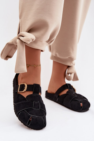 Pantofole da donna Mule con strisce I Złotą con fibbie colore nero Ganelle 2