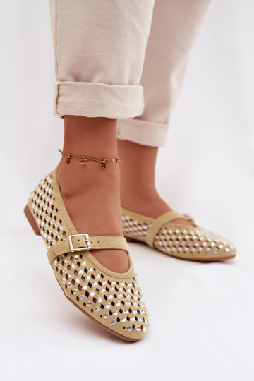 Ballerine da donna con elementi traforati, glitter e fasce color giallo Nilvessa 2