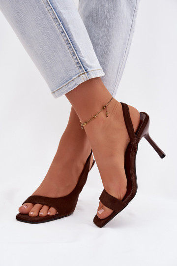 Sandali da donna con tacchi sottiliin ecopelle scamosciatau CzekoladoAe Calvoria 2