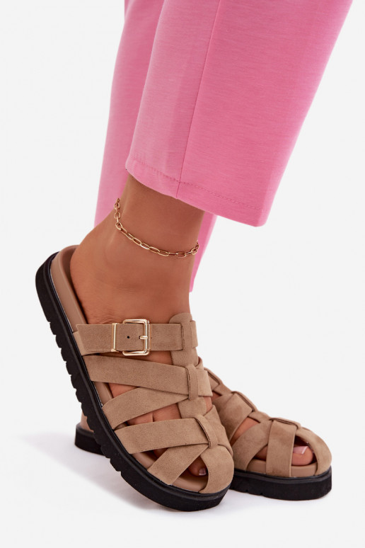 Pantofole da donna con fasce e fibbie dorate color sabbia Roselisse