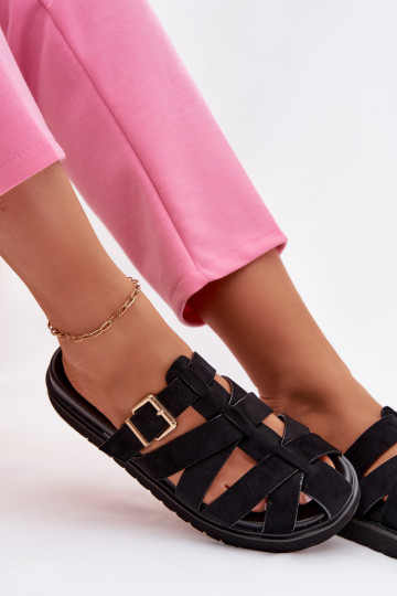 Pantofole da donna con fasce e fibbie dorate color nero Roselisse 2