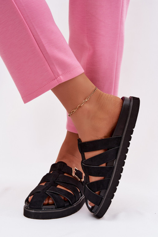 Pantofole da donna con fasce e fibbie dorate color nero Roselisse