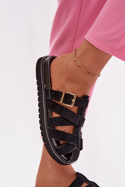 Pantofole da donna con fasce e fibbie dorate color nero Roselisse