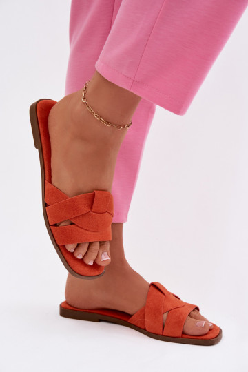 Pantofole basse da donna con fasce in suede sintetico, colore arancione Florane