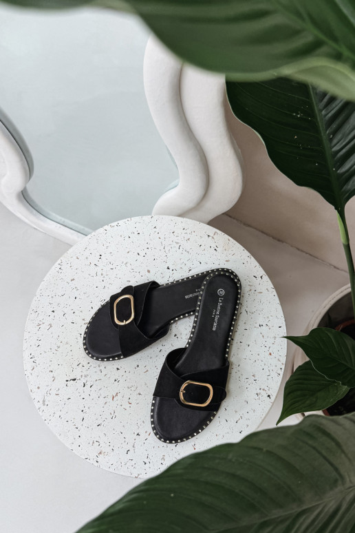 Pantofole da donna con tacco largo e fibbie dorate color nero Selivelle