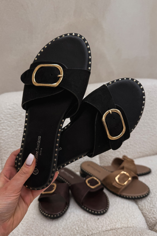 Pantofole da donna con tacco largo e fibbie dorate color nero Selivelle