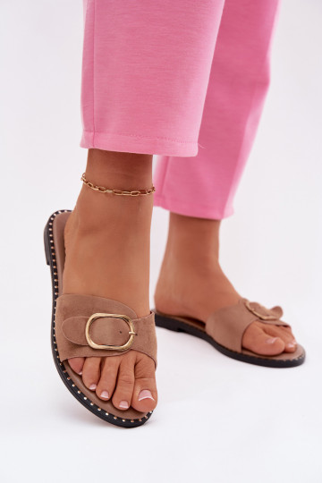 Pantofole da donna con tacco largo e fibbie dorate color marrone Selivelle