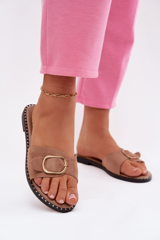 Pantofole da donna con tacco largo e fibbie dorate color marrone Selivelle