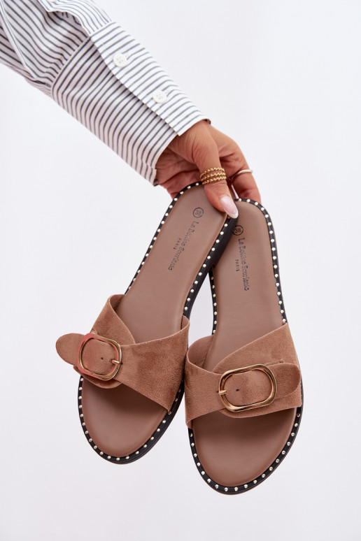 Pantofole da donna con tacco largo e fibbie dorate color marrone Selivelle