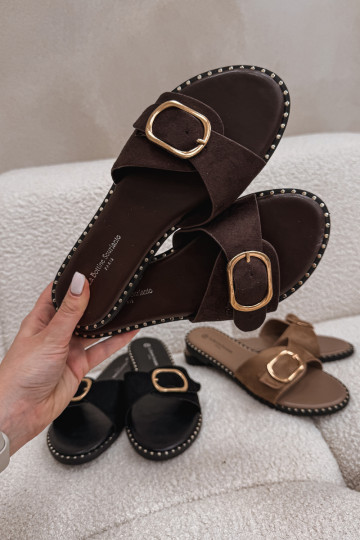 Pantofole femminili con tacco largo e fibbie dorate color cioccolato Selivelle 2