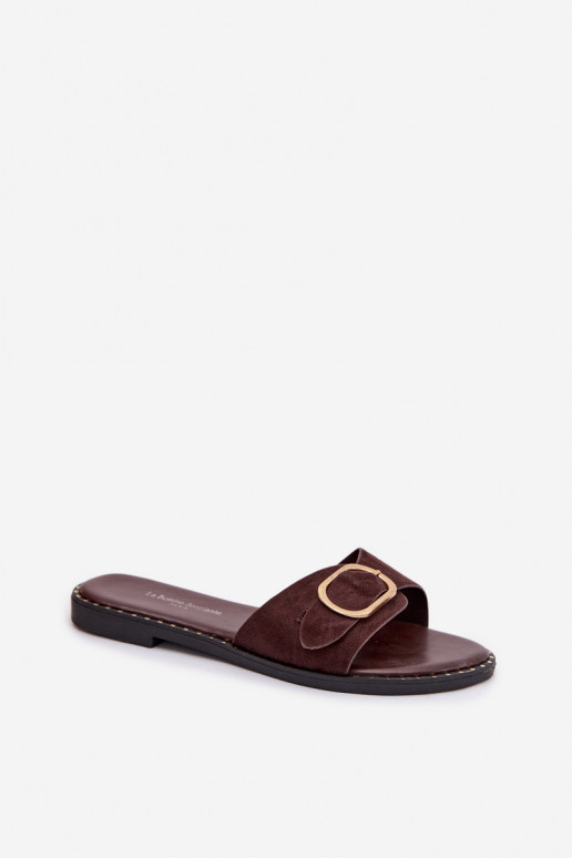 Pantofole da donna con tacco largo e fibbie dorate color cioccolato Selivelle