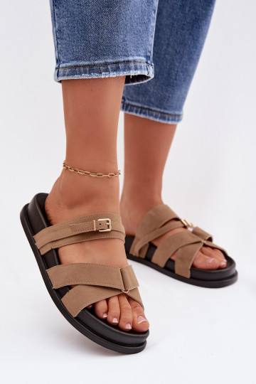 Pantofole da donna con fasce e fibbie dorate, colore sabbia Selorina 2